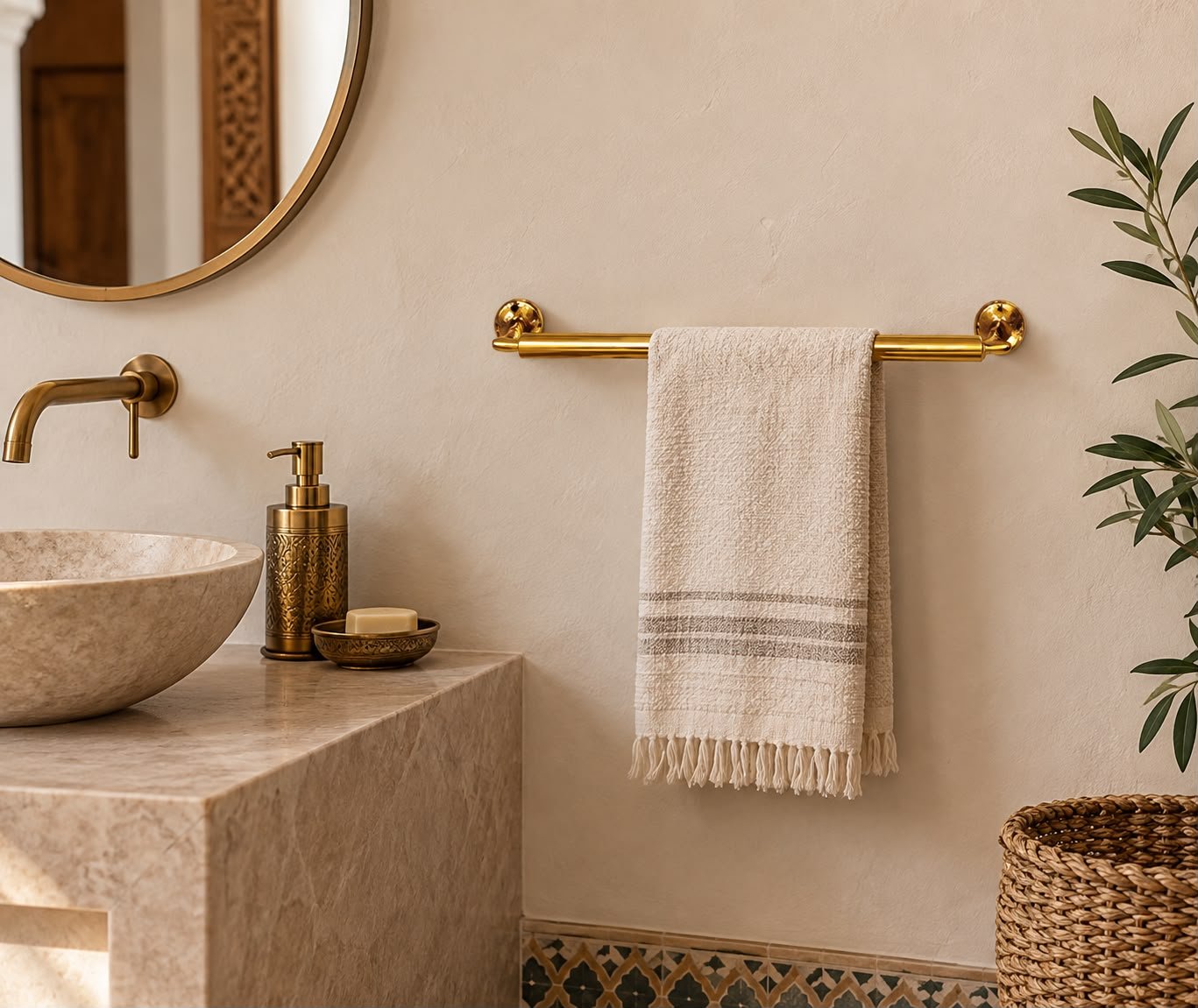 Handmade Moroccan Unlacquered Brass Towel Rack for Bathroom - Image 2