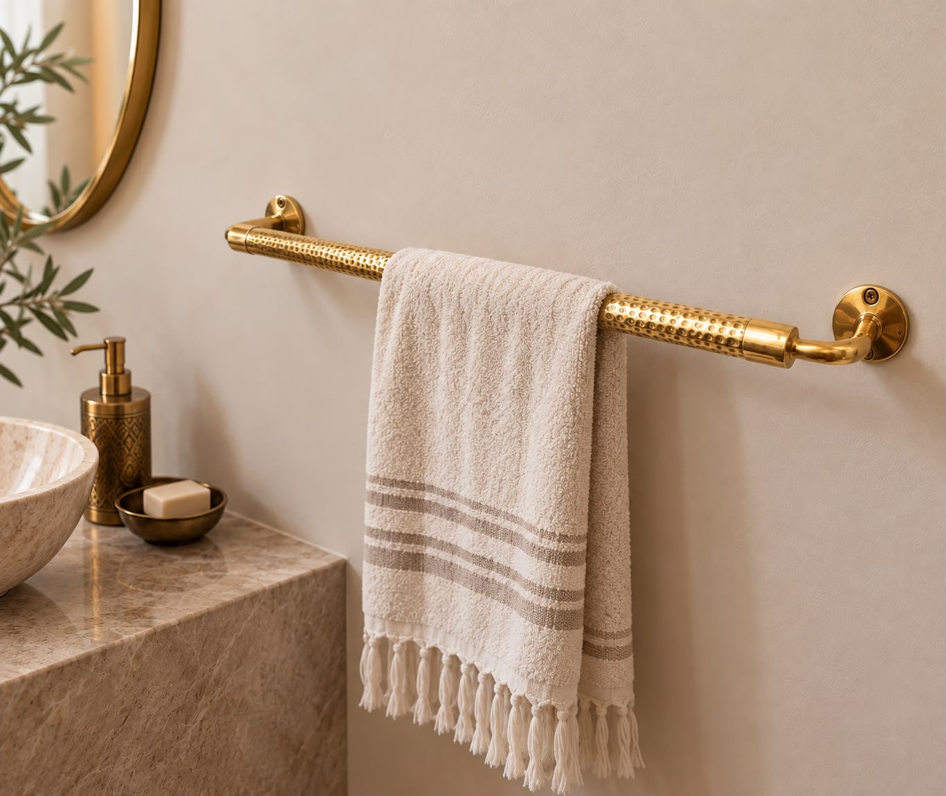 Handmade Moroccan Unlacquered Brass Towel Rack for Bathroom