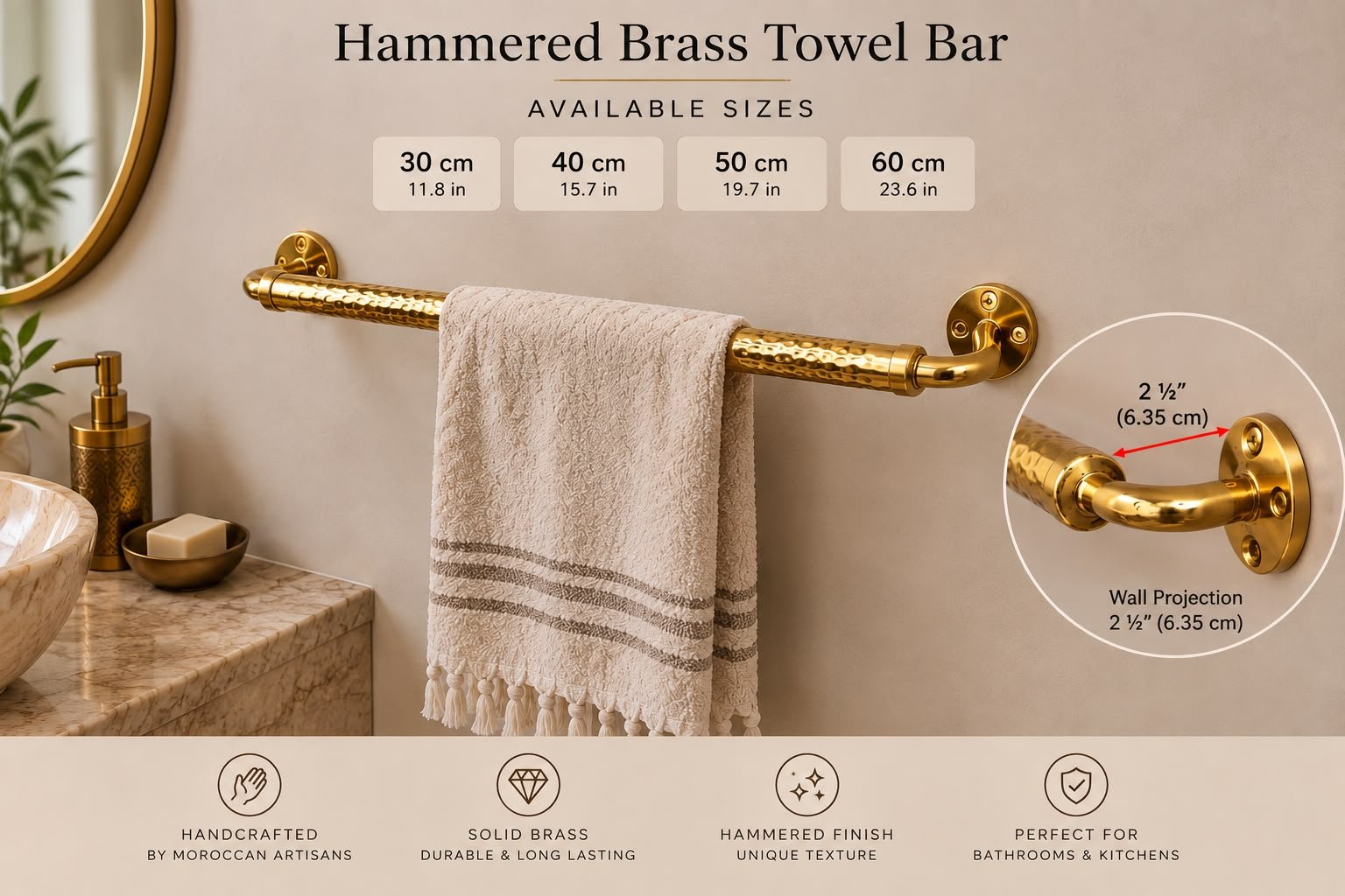 Handmade Moroccan Unlacquered Brass Towel Rack for Bathroom - Image 4