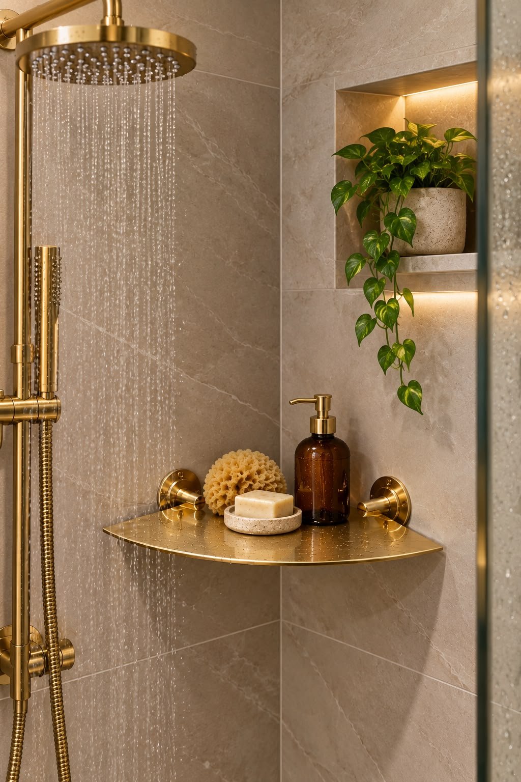 Handmade Solid Brass Corner Shelf – Unlacquered Wall-Mounted Bathroom Shelf - Image 2