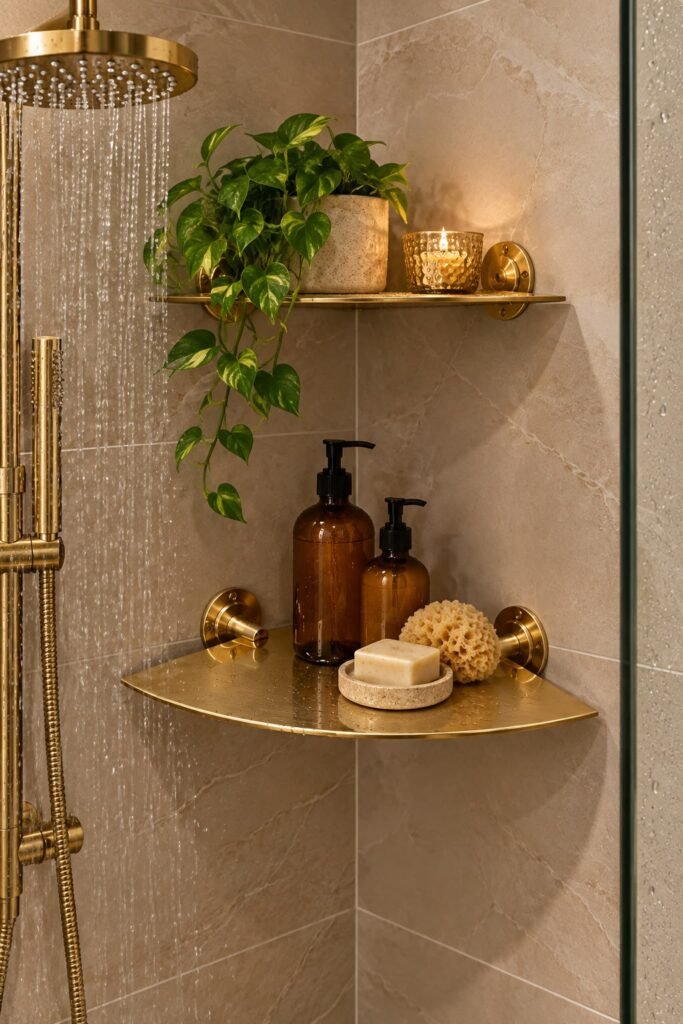 Handmade Solid Brass Corner Shelf – Unlacquered Wall-Mounted Bathroom Shelf