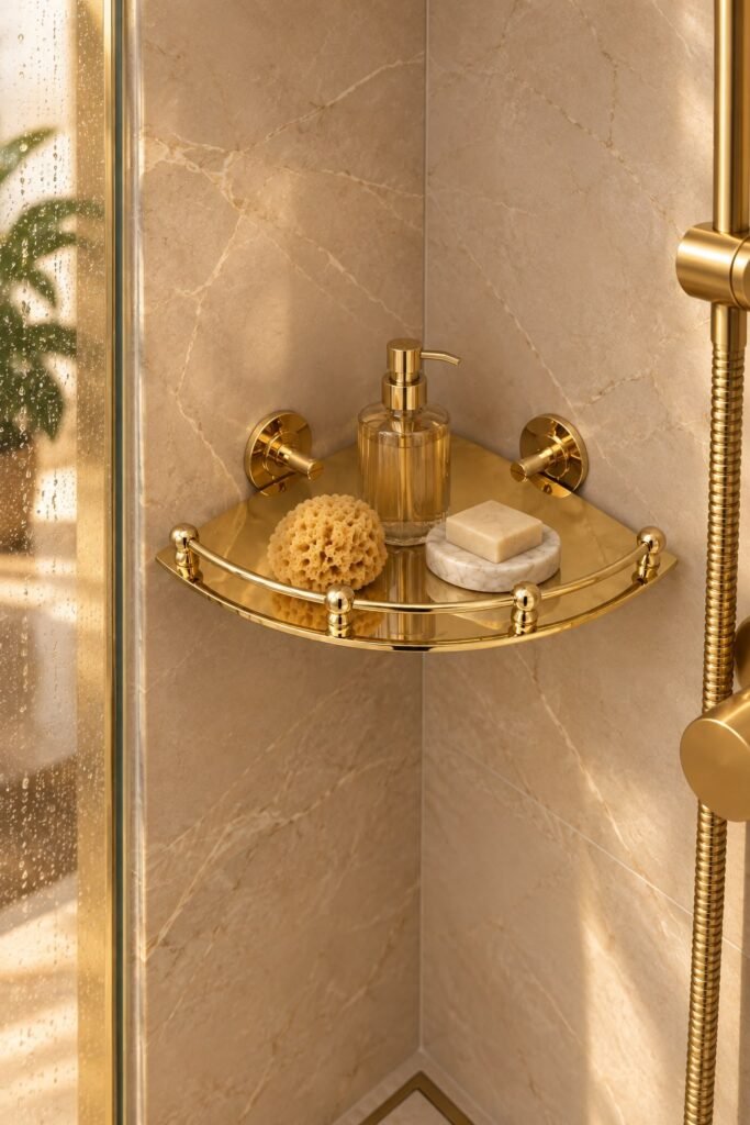 Handmade Unlacquered Brass Corner Shelf – Moroccan Wall-Mounted Bathroom Decor