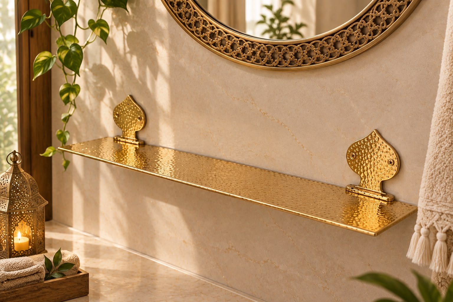 Handmade Moroccan Brass Wall Shelf – Hammered 40 cm - Image 3