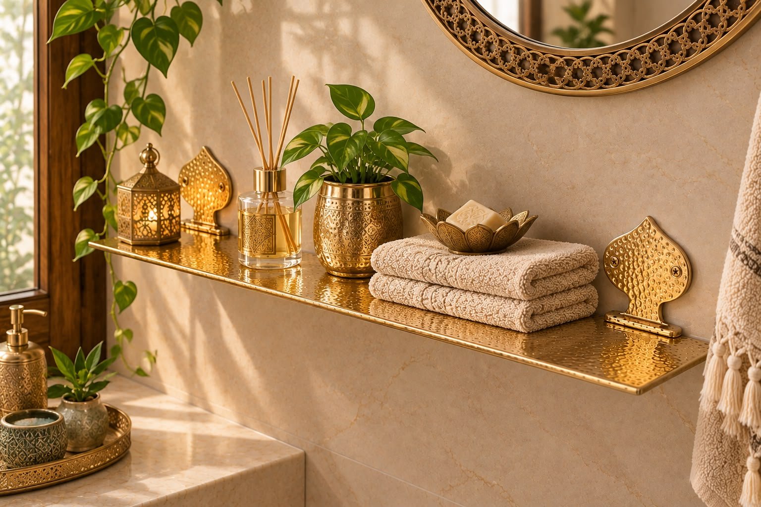 Handmade Moroccan Brass Wall Shelf – Hammered 40 cm