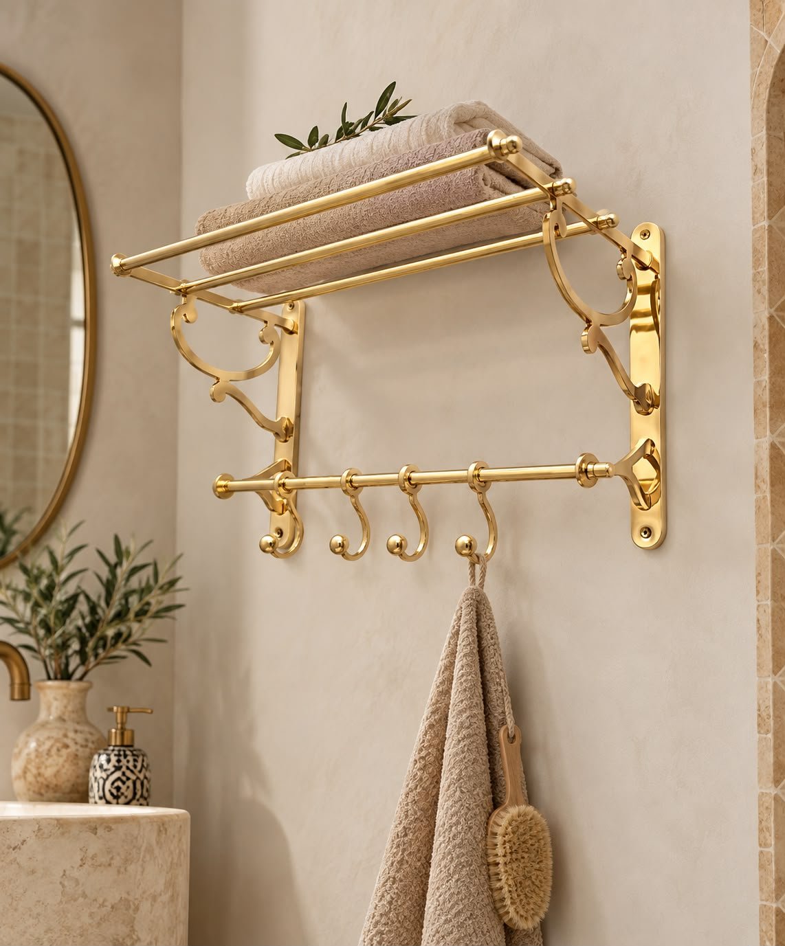 Unlacquered Brass Bathroom Shelf With Hooks For Clothes And Towels - Handmade - Image 2