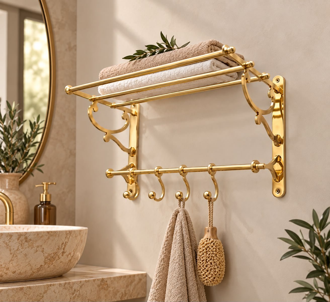 Unlacquered Brass Bathroom Shelf With Hooks For Clothes And Towels - Handmade