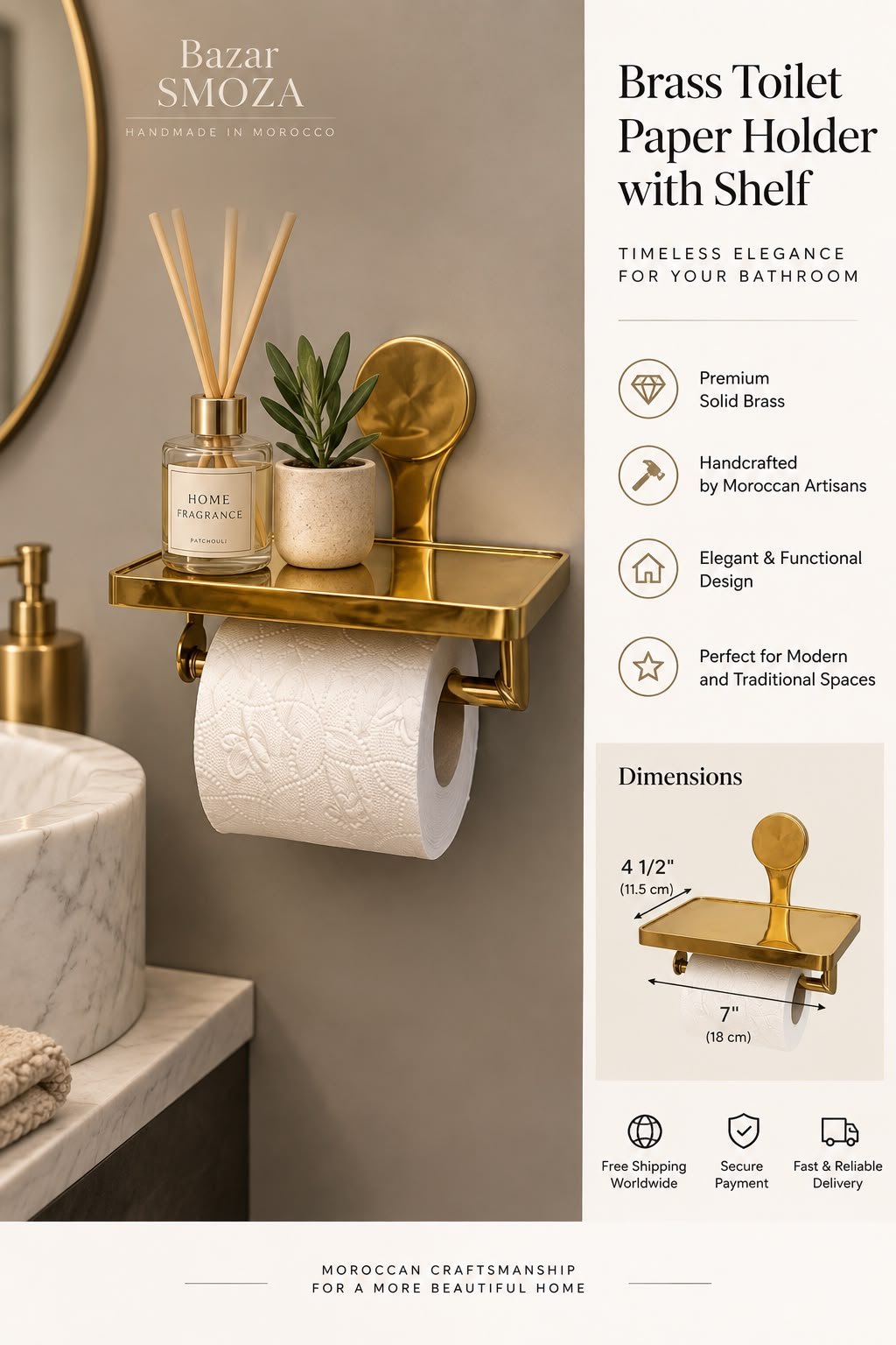 Handmade Moroccan Unlacquered Brass Toilet Paper Holder with Wall Shelf - Image 4