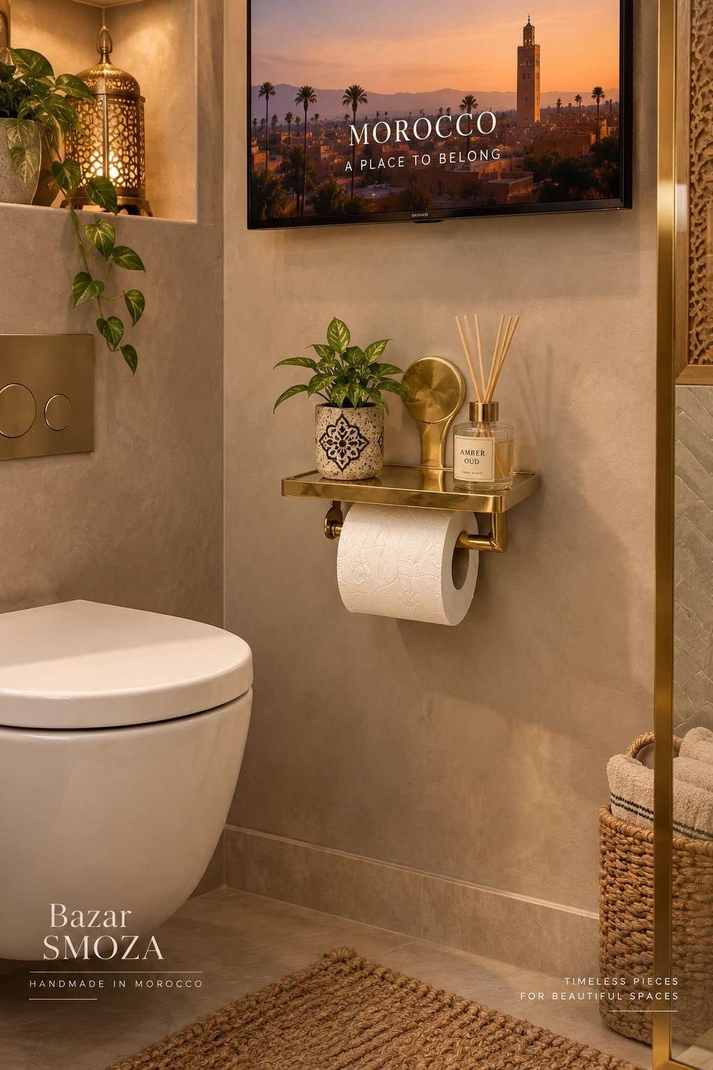 Handmade Moroccan Unlacquered Brass Toilet Paper Holder with Wall Shelf - Image 3