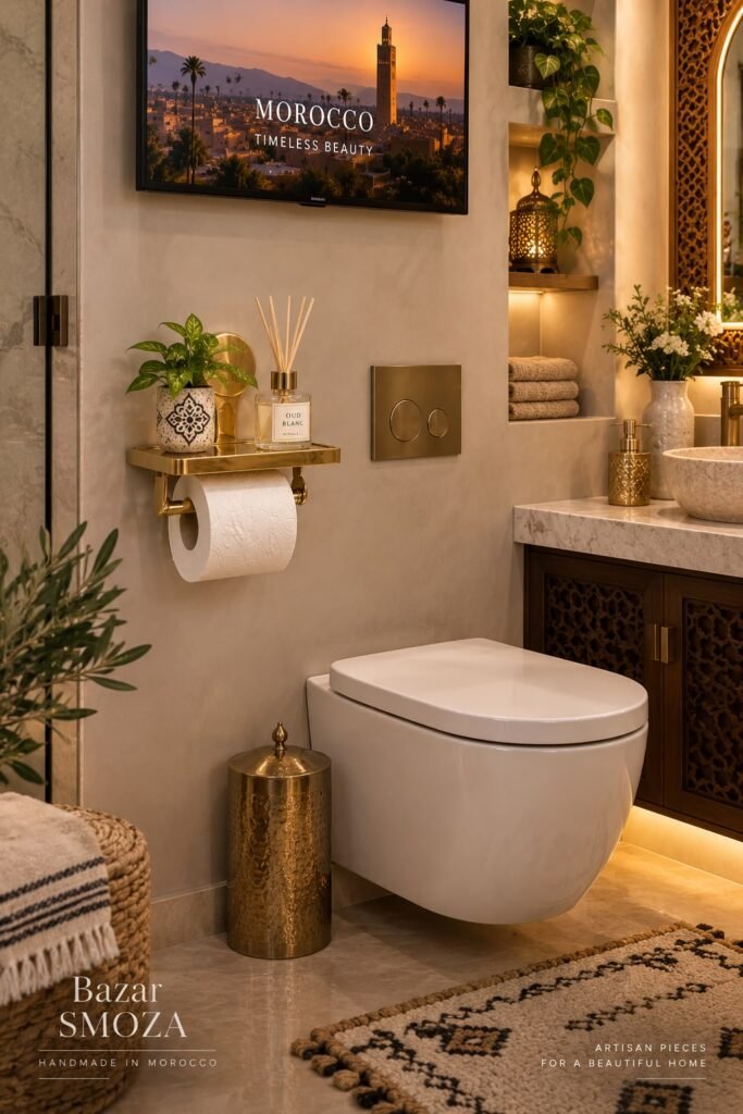 Handmade Moroccan Unlacquered Brass Toilet Paper Holder with Wall Shelf
