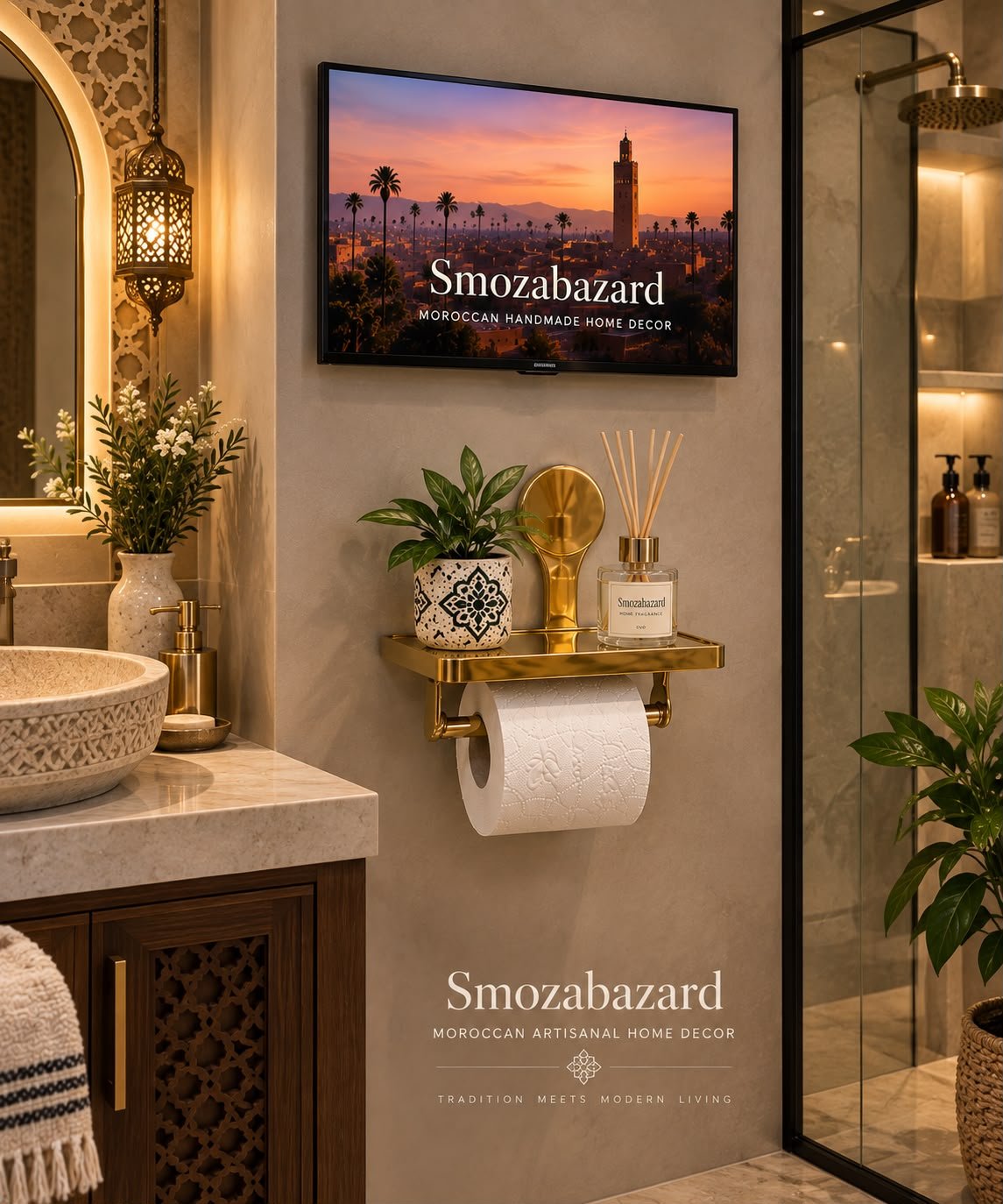 Handmade Moroccan Unlacquered Brass Toilet Paper Holder with Wall Shelf - Image 2