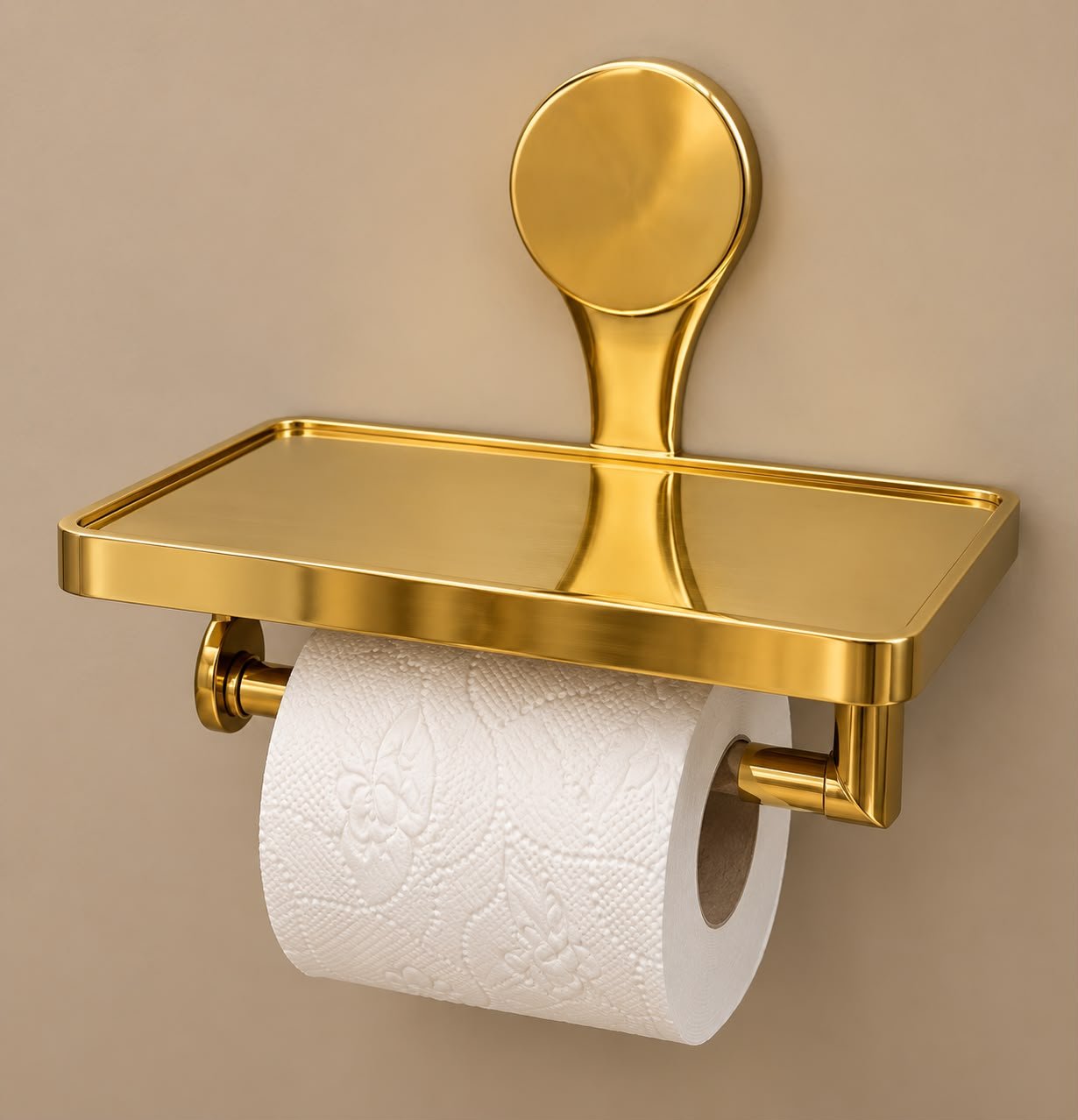 Handmade Moroccan Unlacquered Brass Toilet Paper Holder with Wall Shelf - Image 5
