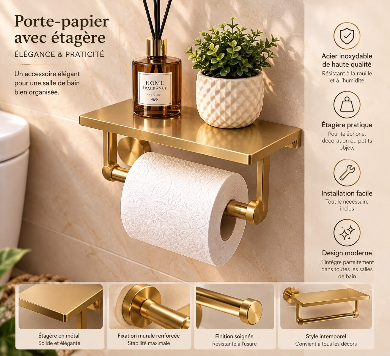 Handmade Artisanal Moroccan Unlacquered Brass Toilet Paper Holder with Wall Shelf - Image 3
