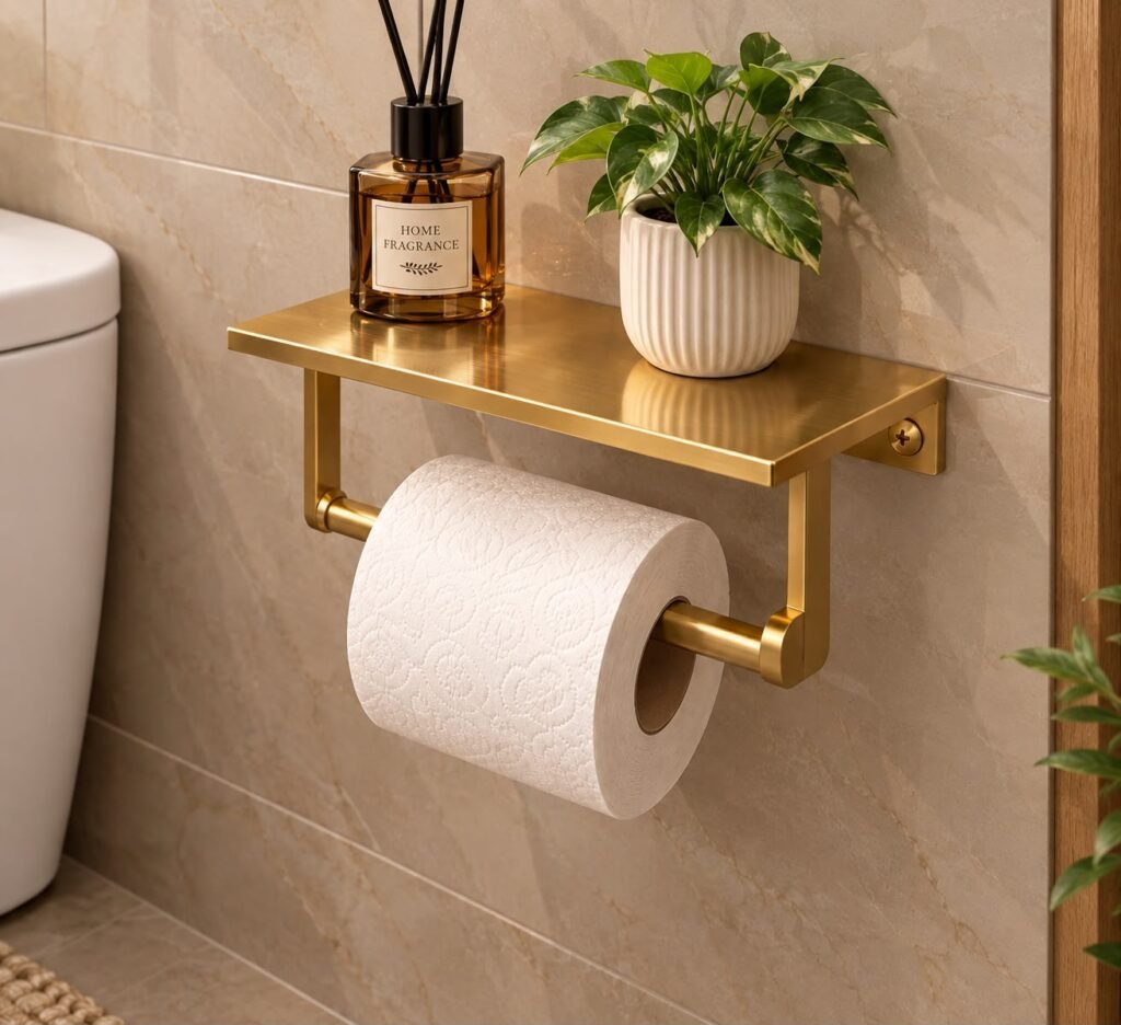 Handmade Artisanal Moroccan Unlacquered Brass Toilet Paper Holder with Wall Shelf