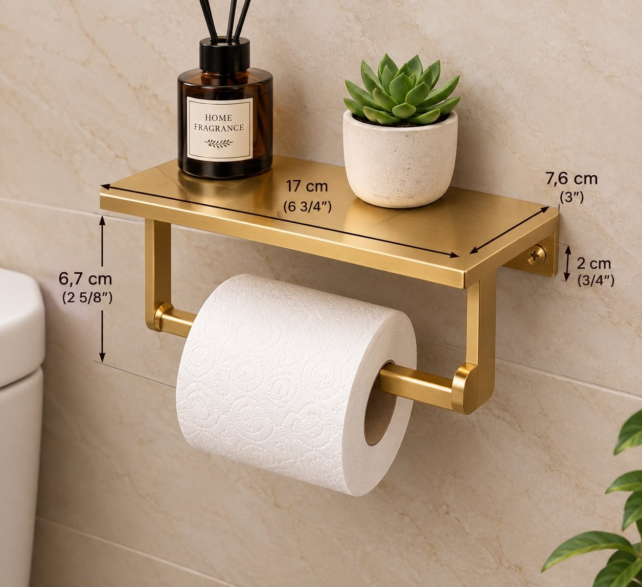 Handmade Artisanal Moroccan Unlacquered Brass Toilet Paper Holder with Wall Shelf - Image 2