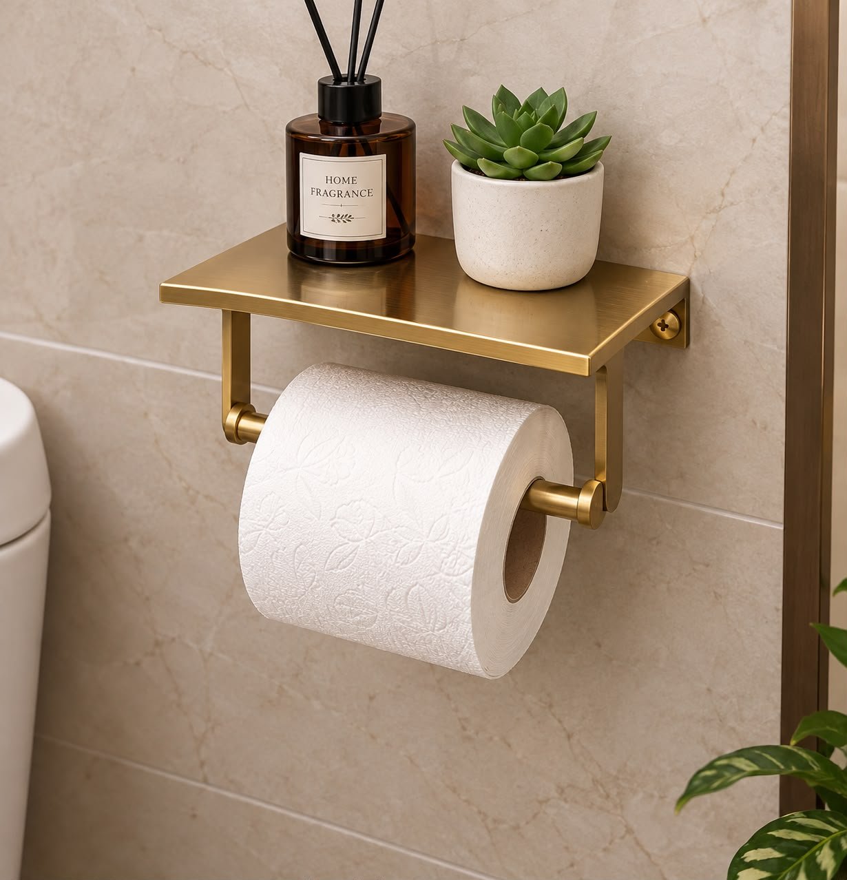 Handmade Artisanal Moroccan Unlacquered Brass Toilet Paper Holder with Wall Shelf - Image 4