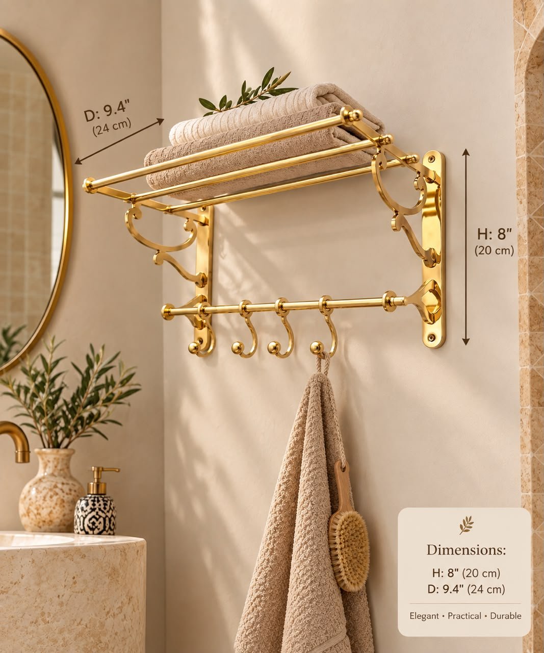 Unlacquered Brass Bathroom Shelf With Hooks For Clothes And Towels - Handmade - Image 3