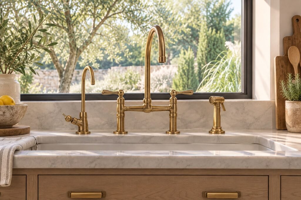 Unlacquered Brass Deck Mount Kitchen Faucet with Side Sprayer & Cold Water Tap – Handmade Brass Sink Faucet
