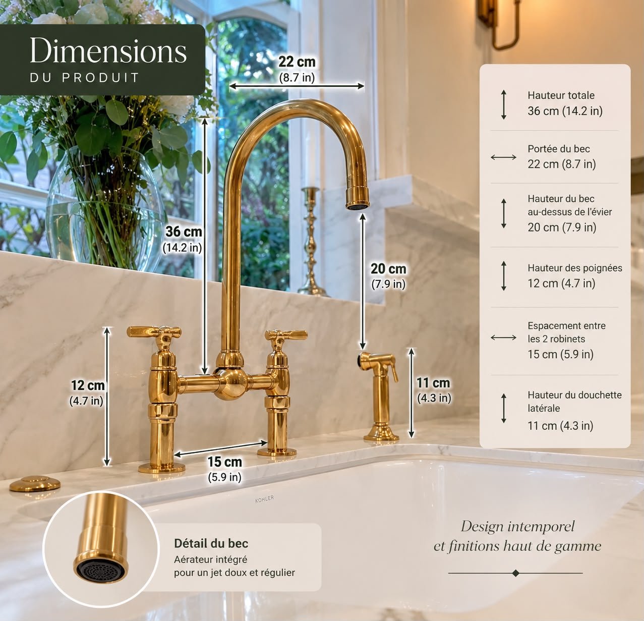 Unlacquered Brass Deck Mount Kitchen Faucet with Side Sprayer & Cold Water Tap – Handmade Brass Sink Faucet - Image 2