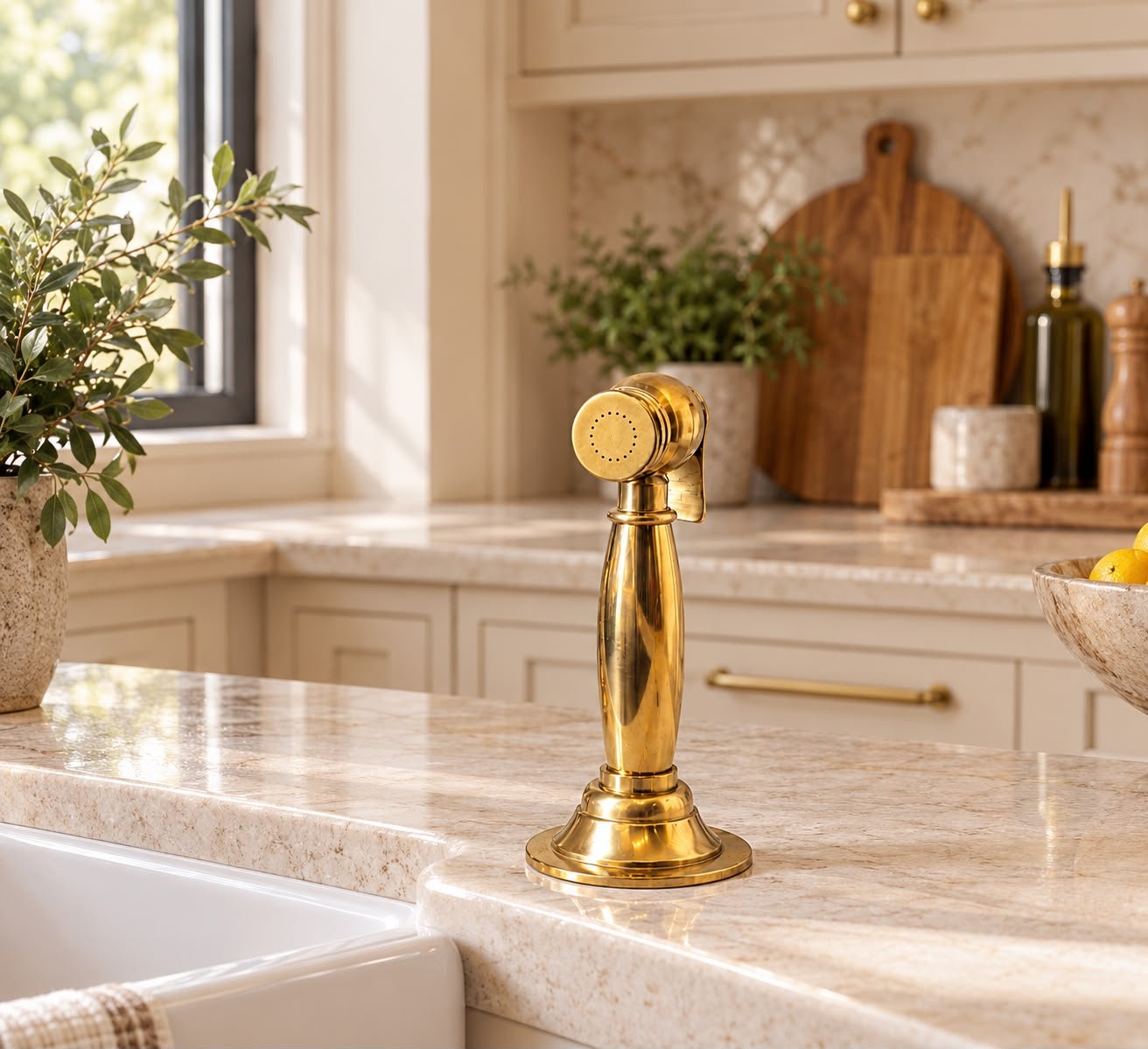 Handcrafted Moroccan Bridge Kitchen Faucet – Unlacquered Brass with Side Sprayer - Image 3