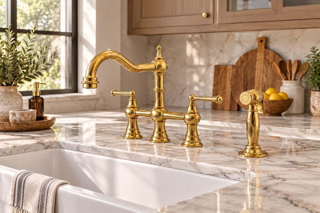 Handcrafted Moroccan Bridge Kitchen Faucet – Unlacquered Brass with Side Sprayer