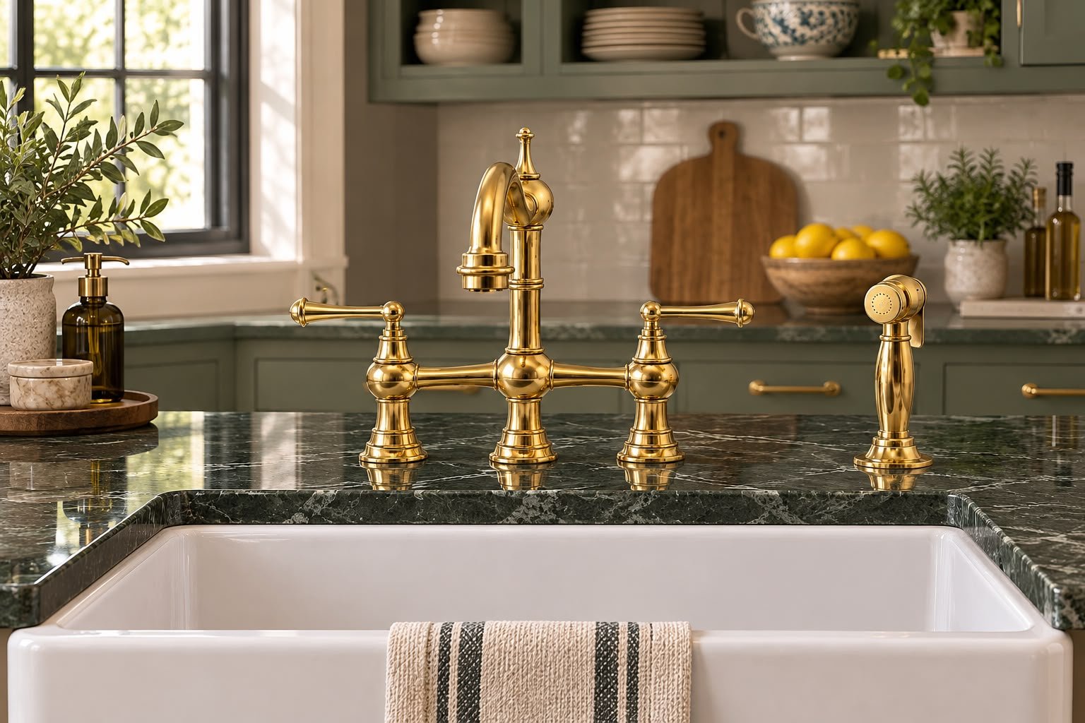 Handcrafted Moroccan Bridge Kitchen Faucet – Unlacquered Brass with Side Sprayer - Image 5