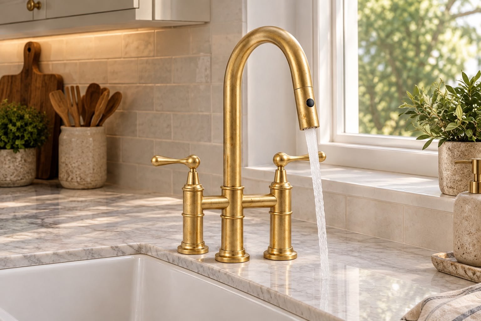 Handcrafted Moroccan Pull-Down Kitchen Faucet – Unlacquered Brass with Extractable Spray - Image 2