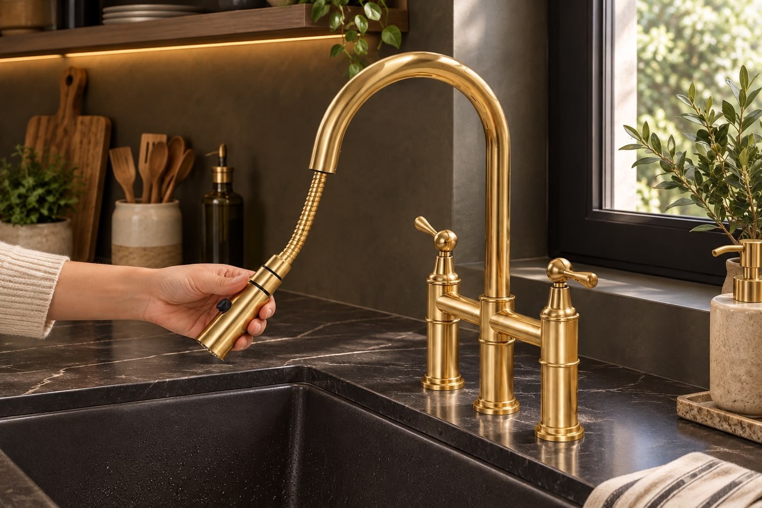Handcrafted Moroccan Pull-Down Kitchen Faucet – Unlacquered Brass with Extractable Spray