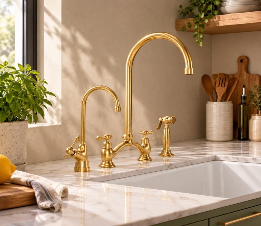 Handcrafted Moroccan Bridge Kitchen Faucet – Unlacquered Brass with Side Sprayer