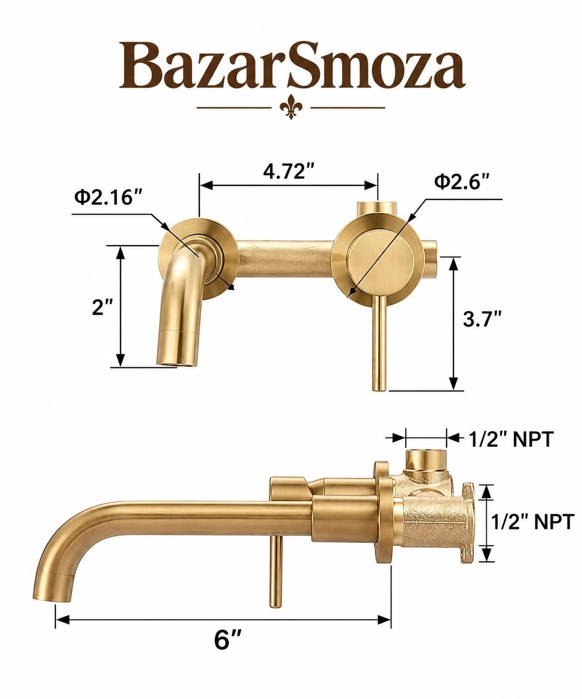 Unlacquered Brass Wall-Mounted Bathroom Faucet – 6” Spout Reach - Image 3