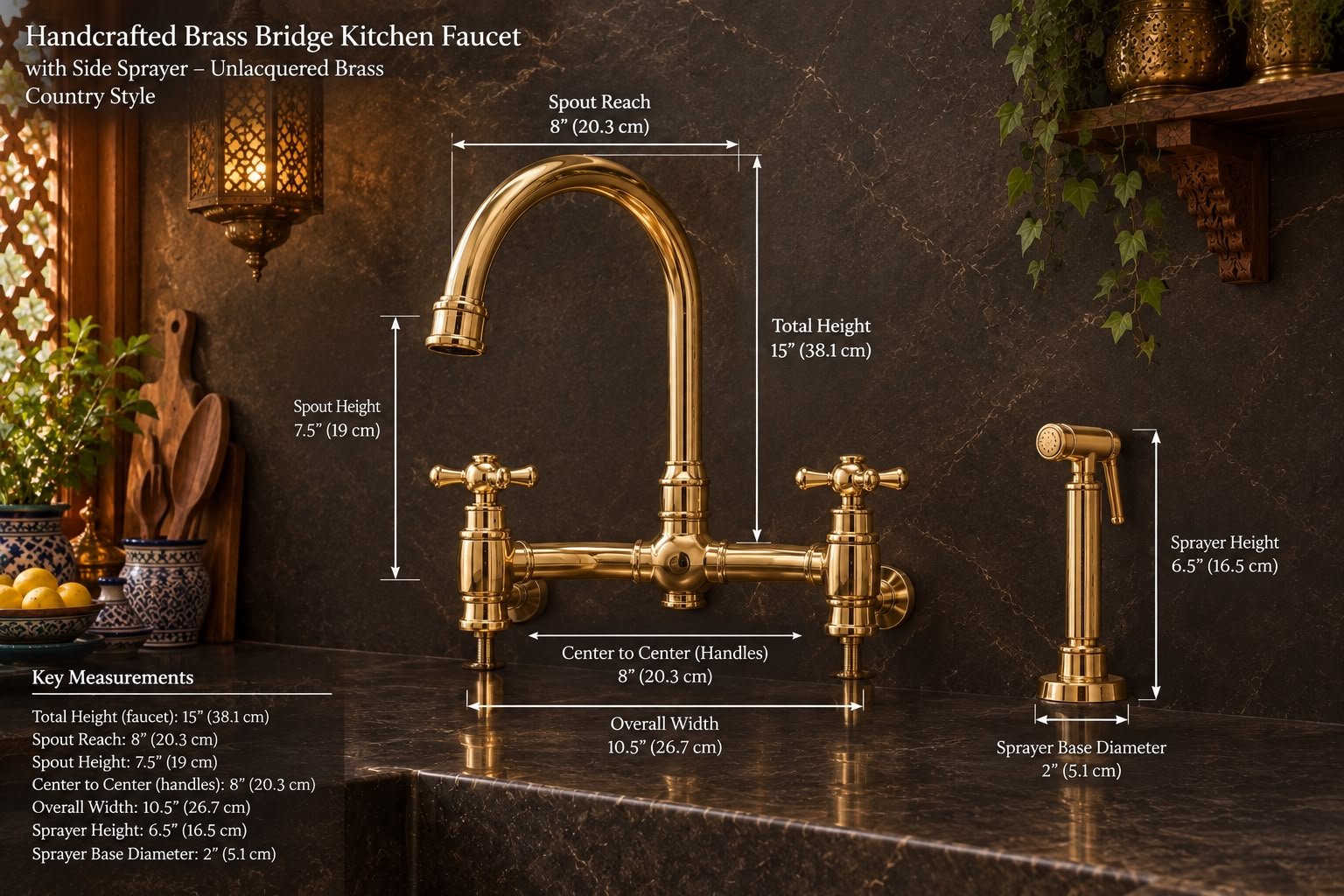 Handcrafted Unlacquered Brass Bridge Kitchen Faucet with Side Sprayer – Moroccan Style - Image 2