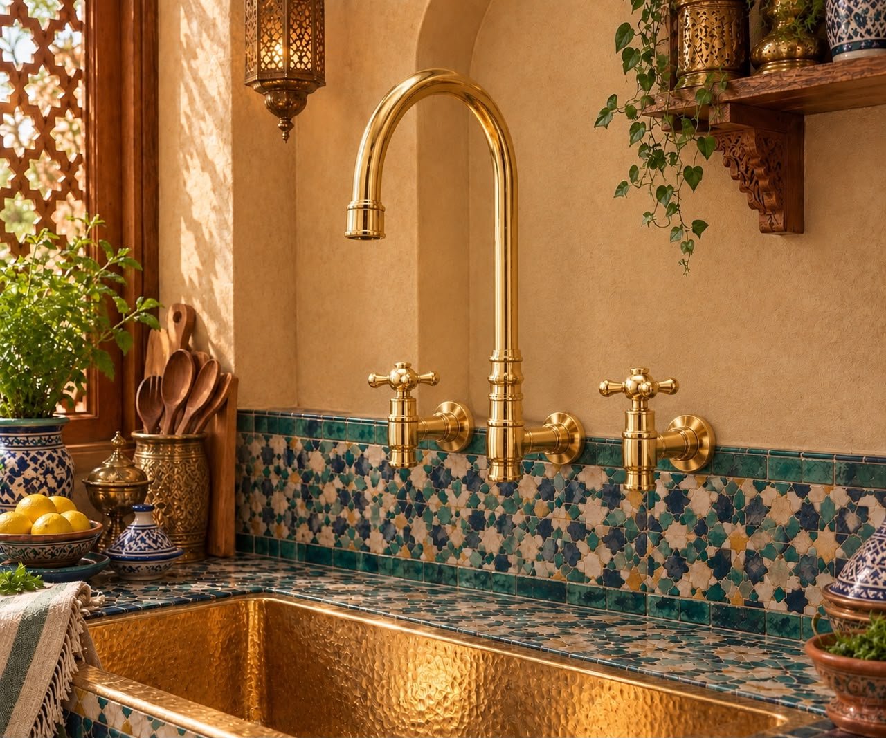 Handcrafted Unlacquered Brass Bridge Kitchen Faucet with Side Sprayer – Moroccan Style - Image 3