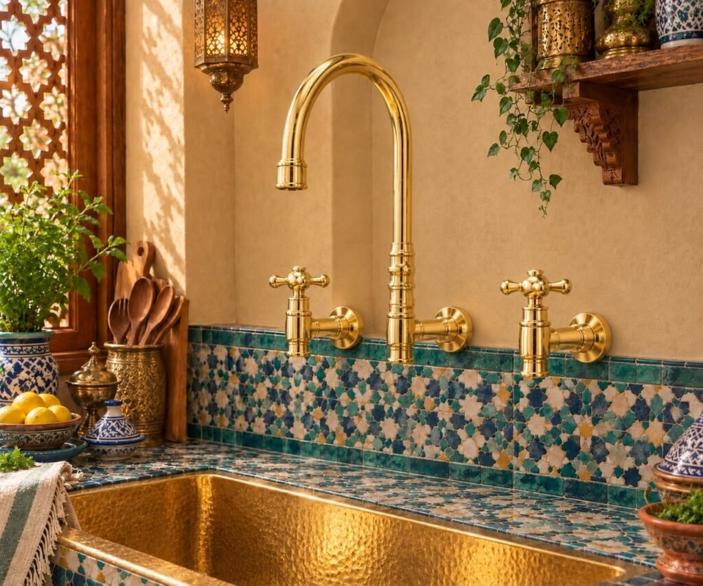 Handcrafted Unlacquered Brass Bridge Kitchen Faucet with Side Sprayer – Moroccan Style