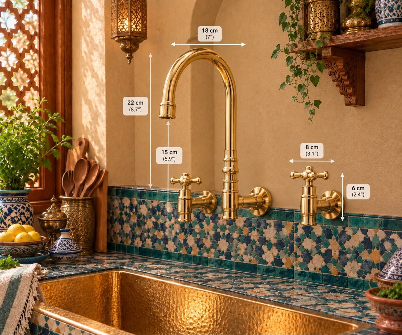 Handcrafted Unlacquered Brass Bridge Kitchen Faucet with Side Sprayer – Moroccan Style - Image 2