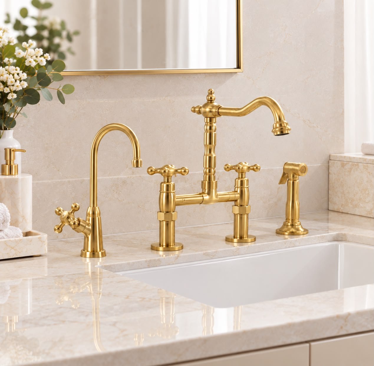 Farmhouse Bridge Kitchen Faucet – Unlacquered Brass - Image 3