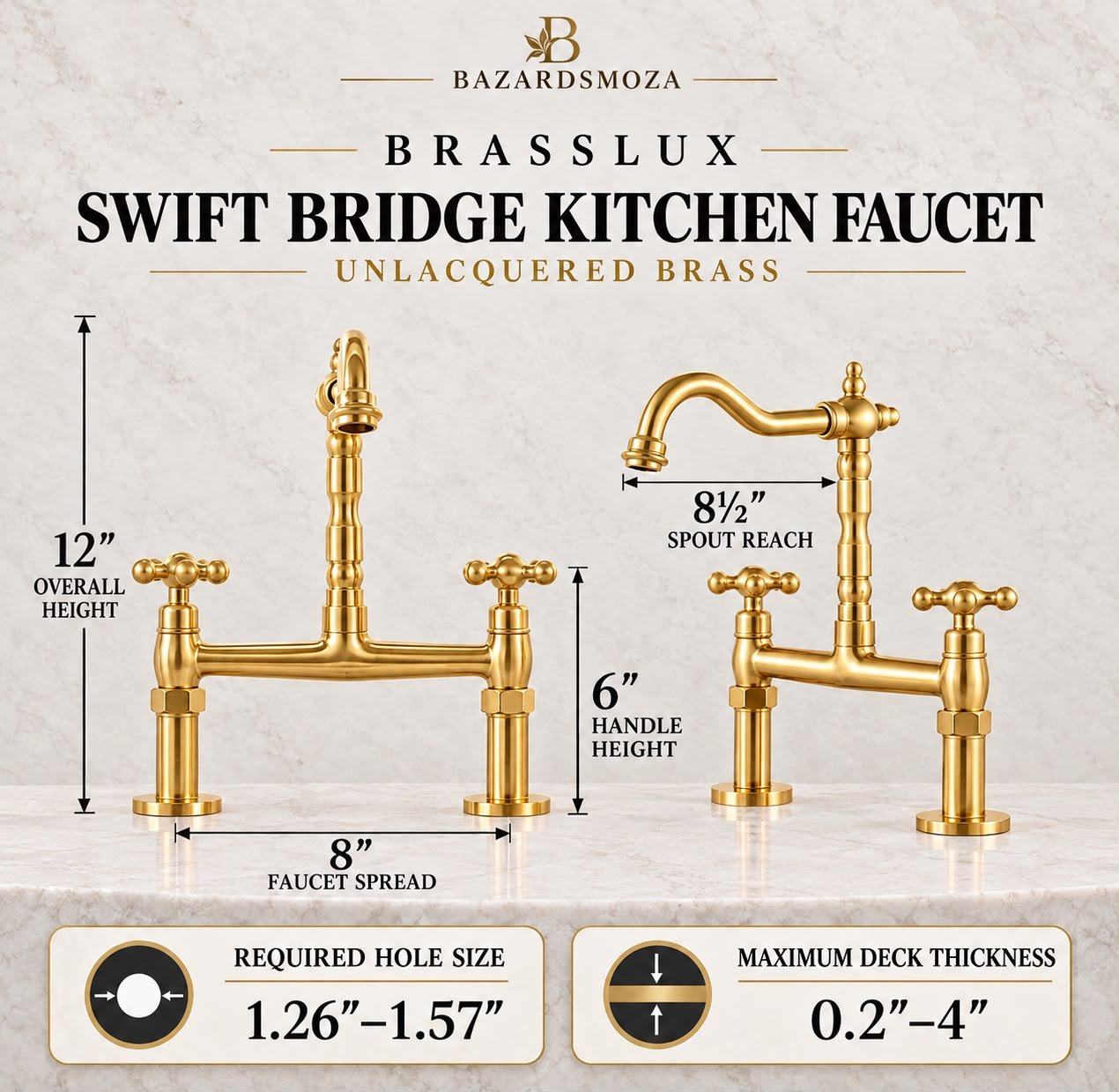 Farmhouse Bridge Kitchen Faucet – Unlacquered Brass - Image 2