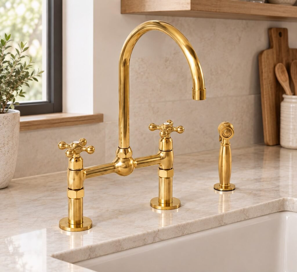Unlacquered Brass Bridge Kitchen Faucet with Side Sprayer – Farmhouse Style Solid Brass Kitchen Tap