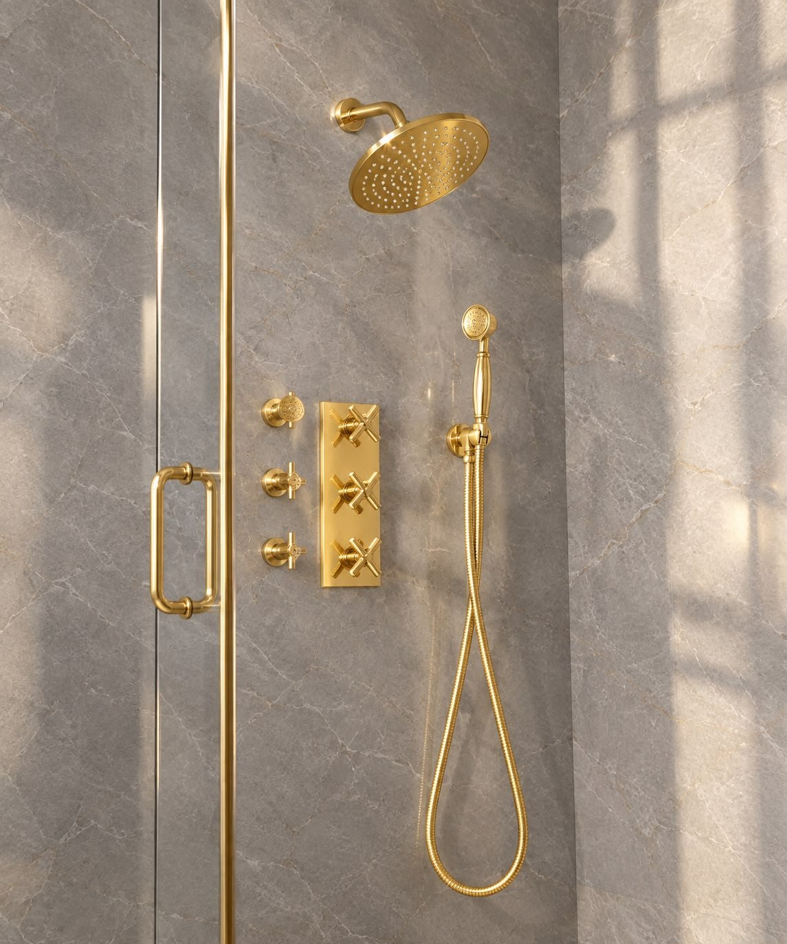 Richmond Unlacquered Brass Shower System with Hand Shower & Rough-In Valve Included