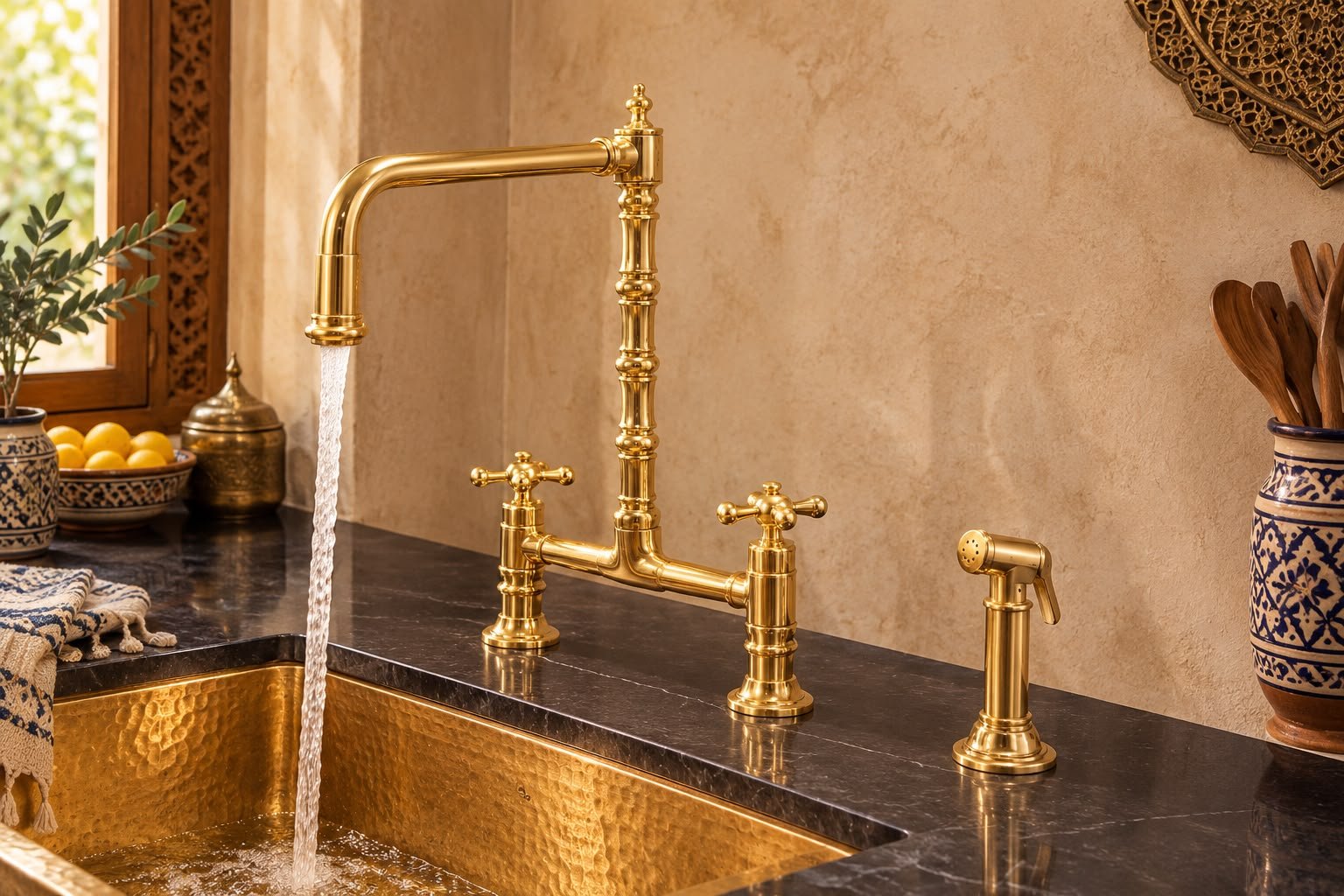 Handmade Solid Brass Three-Hole Bridge Kitchen Faucet with Rectangular Spout - Image 4