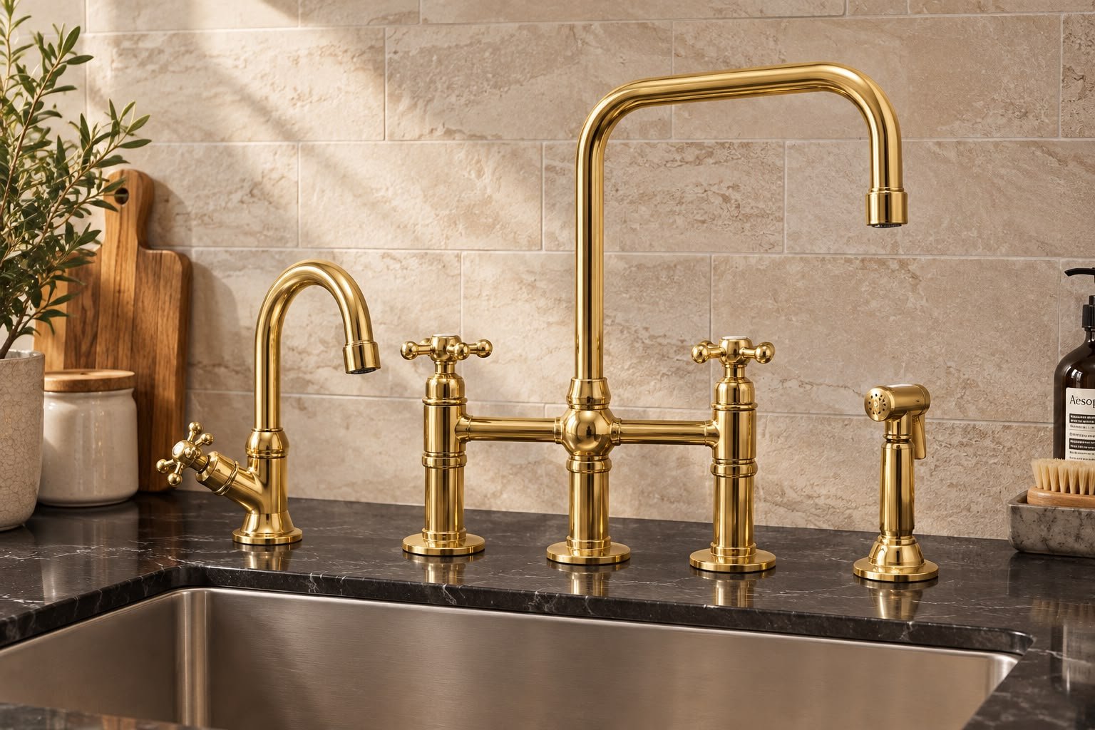 Handmade Solid Brass Three-Hole Bridge Kitchen Faucet with Rectangular Spout