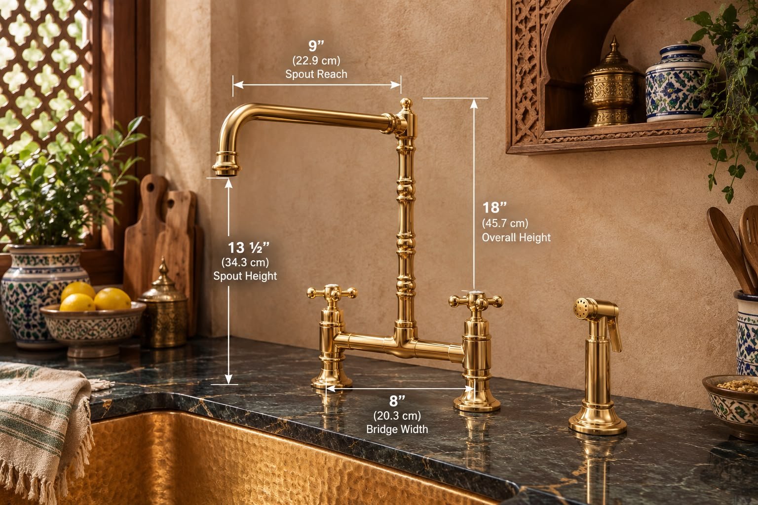 Handmade Solid Brass Three-Hole Bridge Kitchen Faucet with Rectangular Spout - Image 3