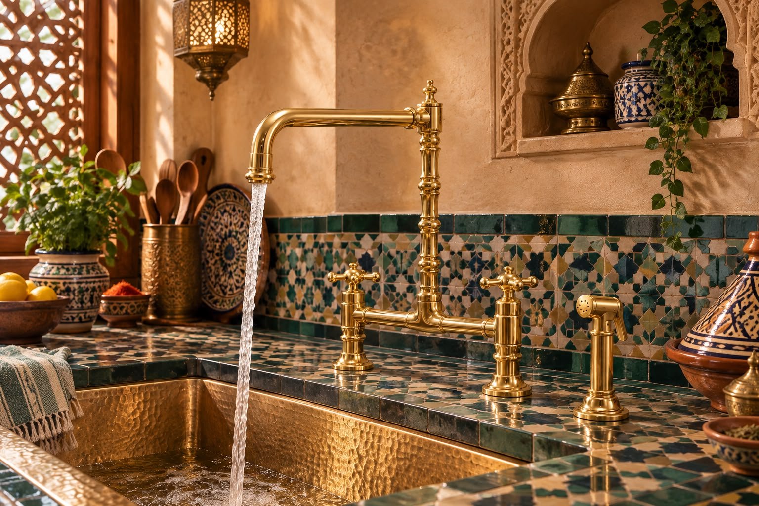 Handmade Solid Brass Three-Hole Bridge Kitchen Faucet with Rectangular Spout