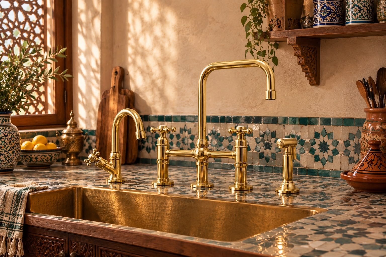 Handmade Solid Brass Three-Hole Bridge Kitchen Faucet with Rectangular Spout - Image 3