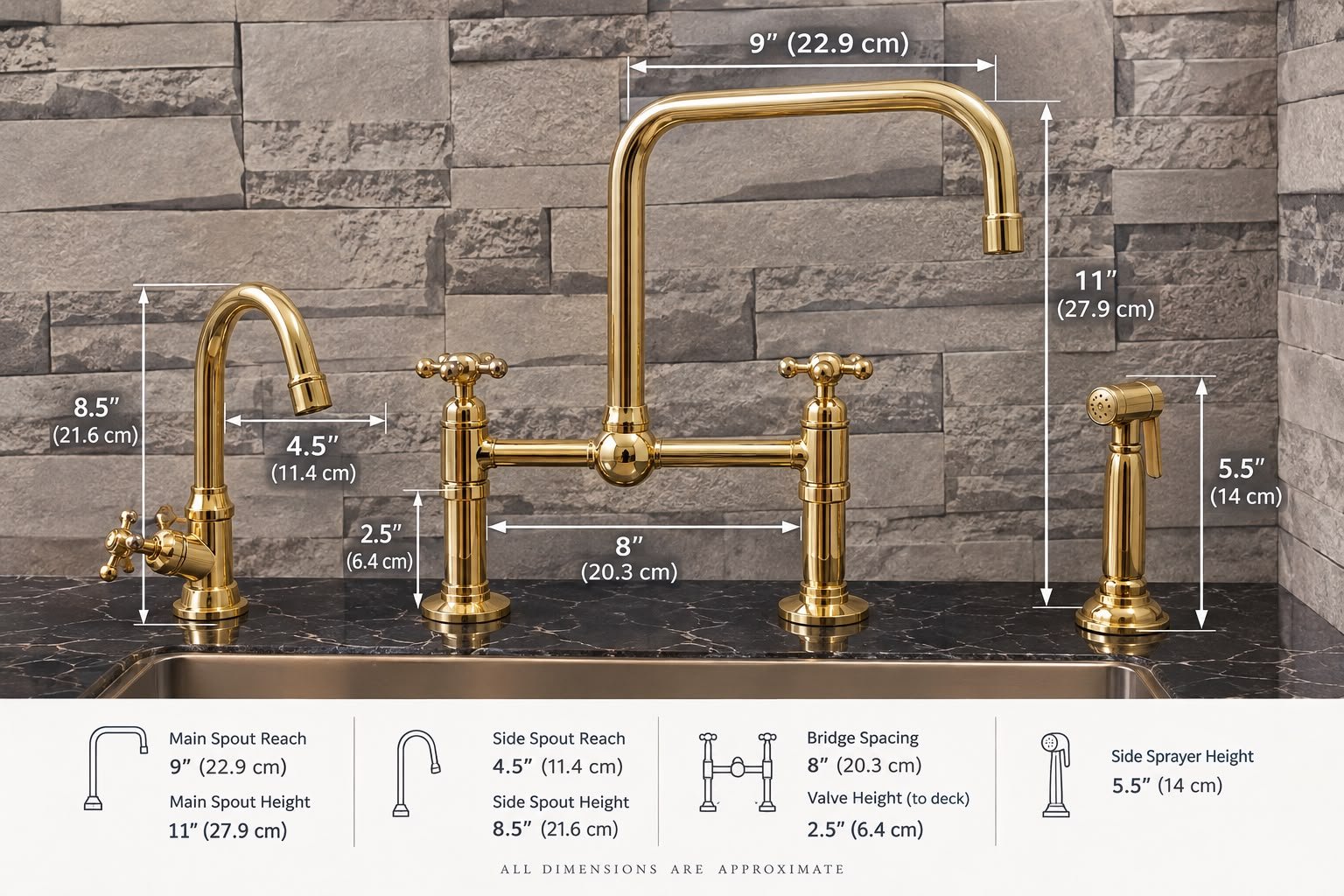 Handmade Solid Brass Three-Hole Bridge Kitchen Faucet with Rectangular Spout - Image 2