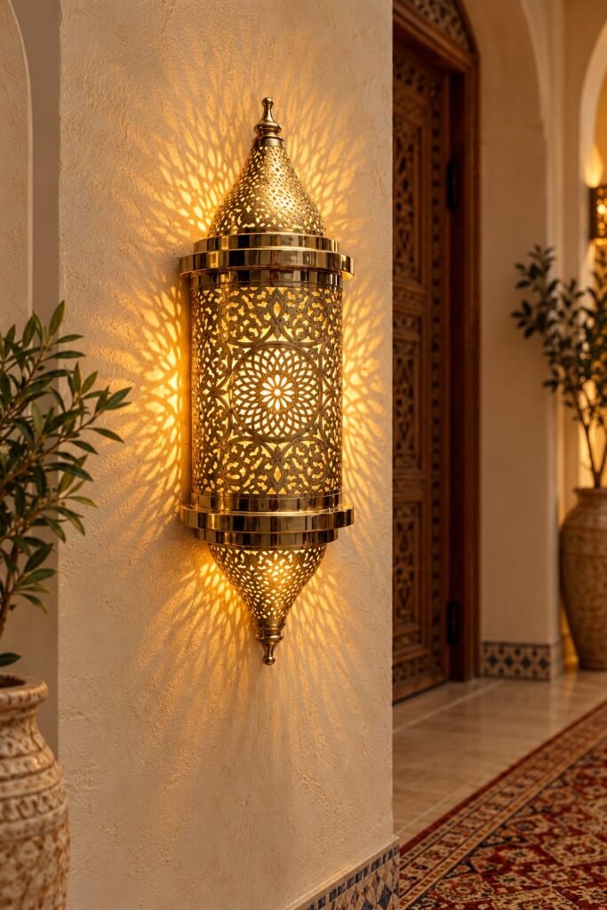 Handmade Moroccan Brass Wall Sconce – Intricate Islamic Geometric Filigree Wall Light