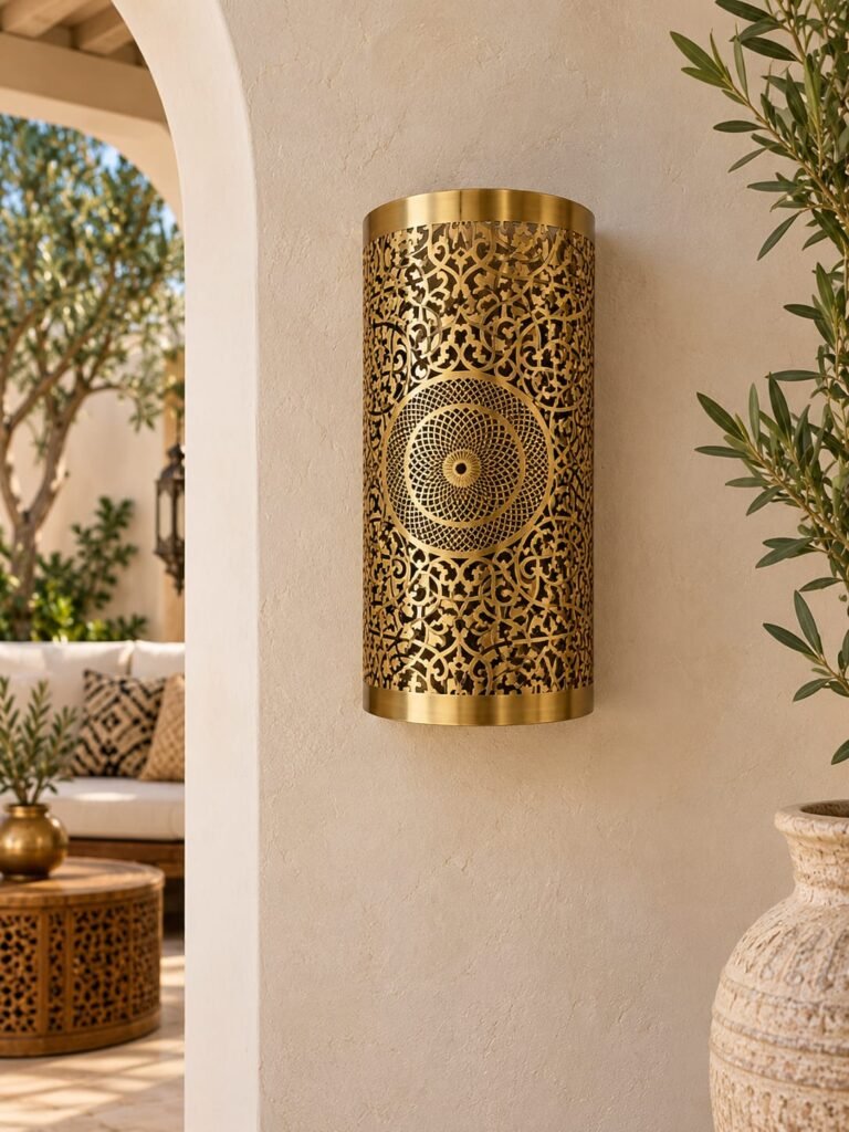 Handmade Moroccan Brass Wall Sconce – Intricate Islamic Geometric Filigree Wall Light