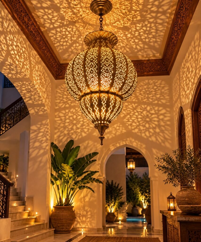 Handcrafted Moroccan Brass Pendant Light – Ornate Filigree Ceiling Lamp, Moroccan Copper Lantern & Silver Finish