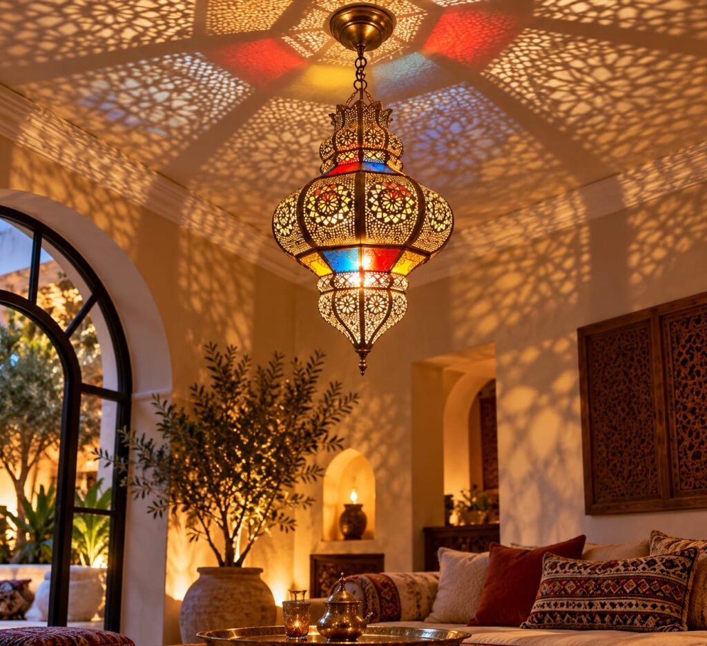 Handmade Moroccan Brass and Colored Glass Pendant Light – Traditional Moroccan Chandelier