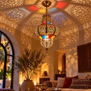 Handmade Moroccan Brass and Colored Glass Pendant Light – Traditional Moroccan Chandelier