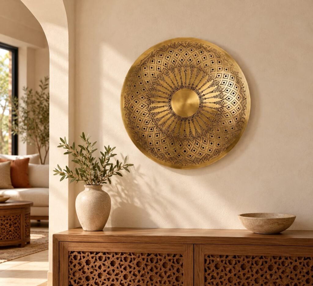 Handmade Moroccan Brass Wall Sconce – Round Islamic Geometric Filigree Wall Light